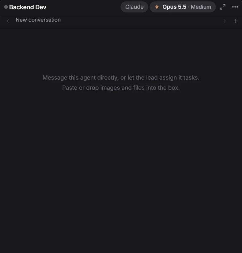 Backend Dev's own pane in HQ: Claude account, Opus 5.5 at medium effort, waiting for its first task